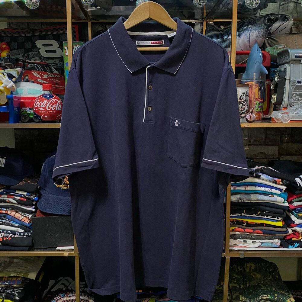 Grand Slam Original Penguin Polo Shirt Navy Blue Cotton Blend Pique Mens XXL